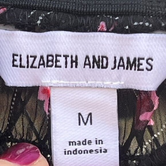 Elizabeth And James EUC Long Sleeve Black Pink Floral Sheer Smocked Neck Top Med - Picture 8 of 16
